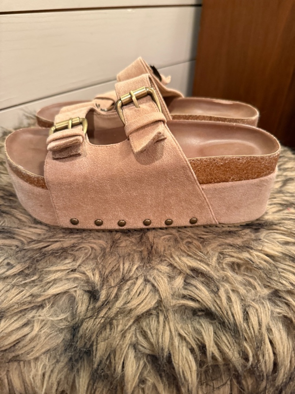 Suede Platform Slide Sandals in Blush Pink